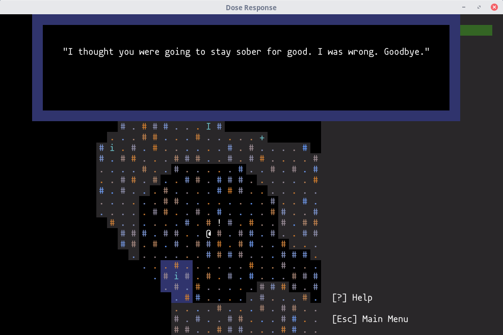 Screenshot of Dose Response Roguelike with the player reading a message left by a victory NPC