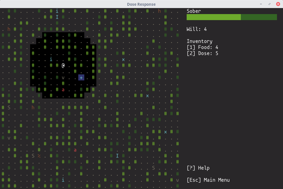 Screenshot of Dose Response Roguelike with a sober player showing full map