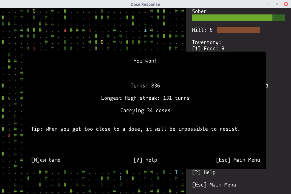 Screenshot of Dose Response Roguelike with the player near the end of the game